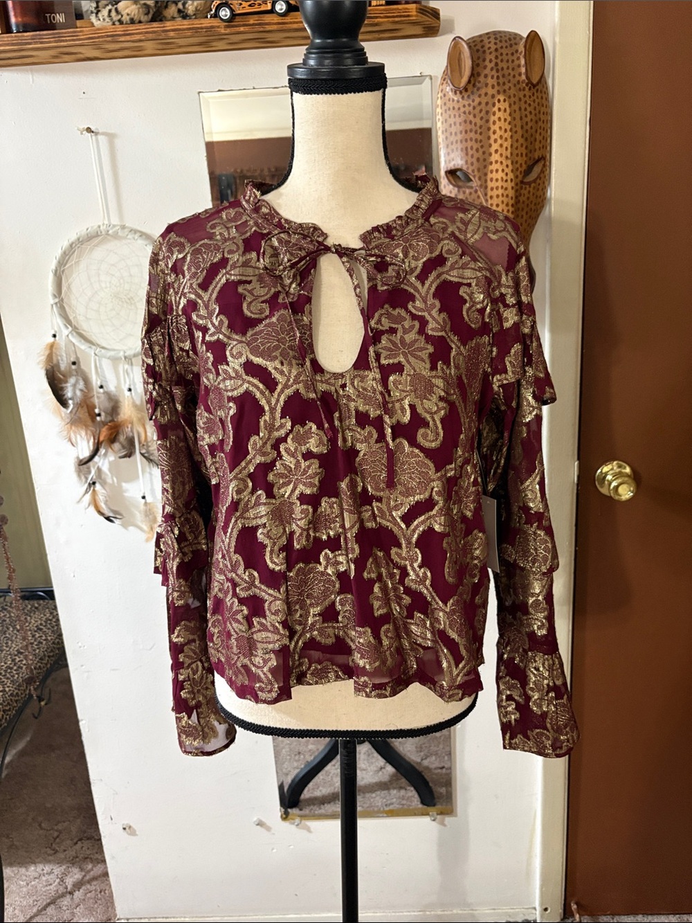 VENUS Burgundy Blouse with Gold Metallic Floral Pattern